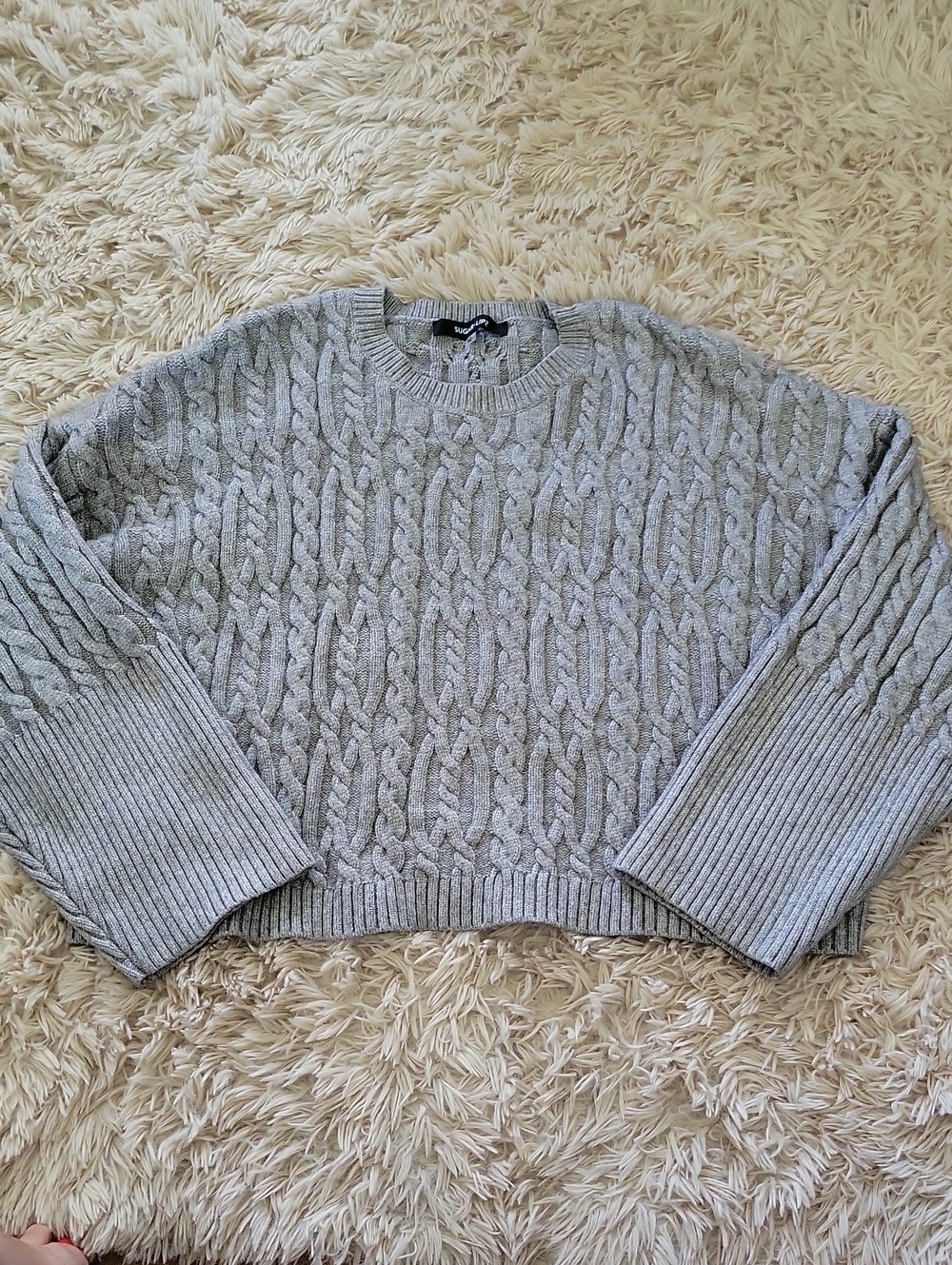 Sugar Lips Heather Gray Cable Knit Cropped Sweater